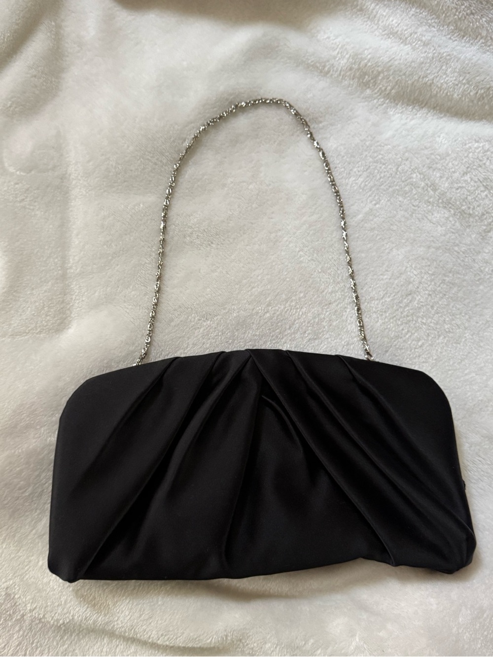 Kate Landry Black Satin Clutch with Silver Chain